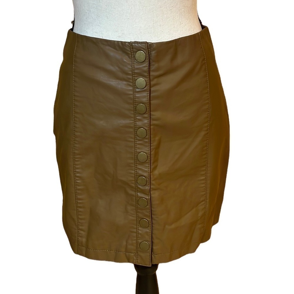 Free People Brown Vegan Leather Snap Skirt Sz-4